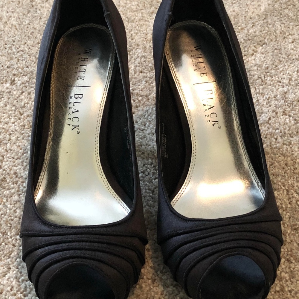 Black Satin Peep Toe Pumps